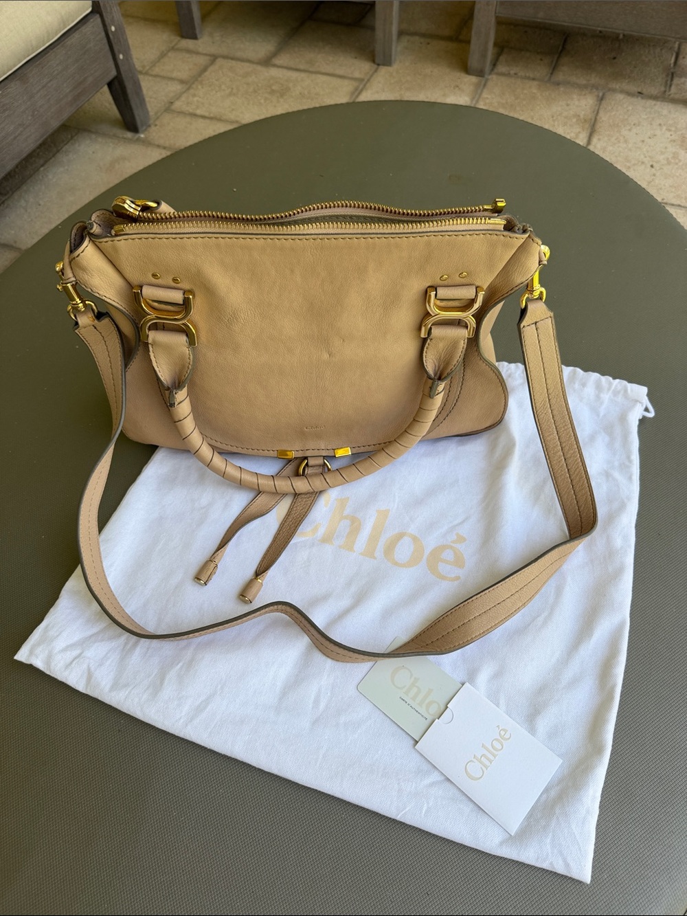 Chloé Marcie Large Beige Leather Satchel with Gold-Tone Hardware